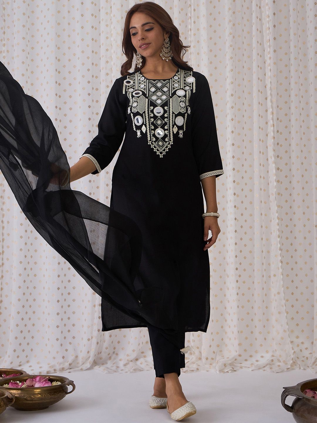 Ethnic Embroidered Round Neck Straight Kurta with Trousers & Dupatta