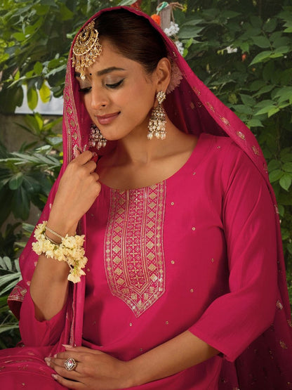 Women Ethnic Motifs Embroidered Regular Kurta with Trousers & With Dupatta