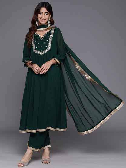 Indyancart VA Women's Embroidered Empire Mirror Work Silk Georgette Kurta with Trousers & With Dupatta