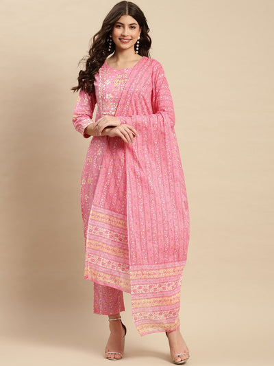 Indyancart SN Women's Floral Printed Pure-Cotton Straight Kurta With Trouser & Dupatta