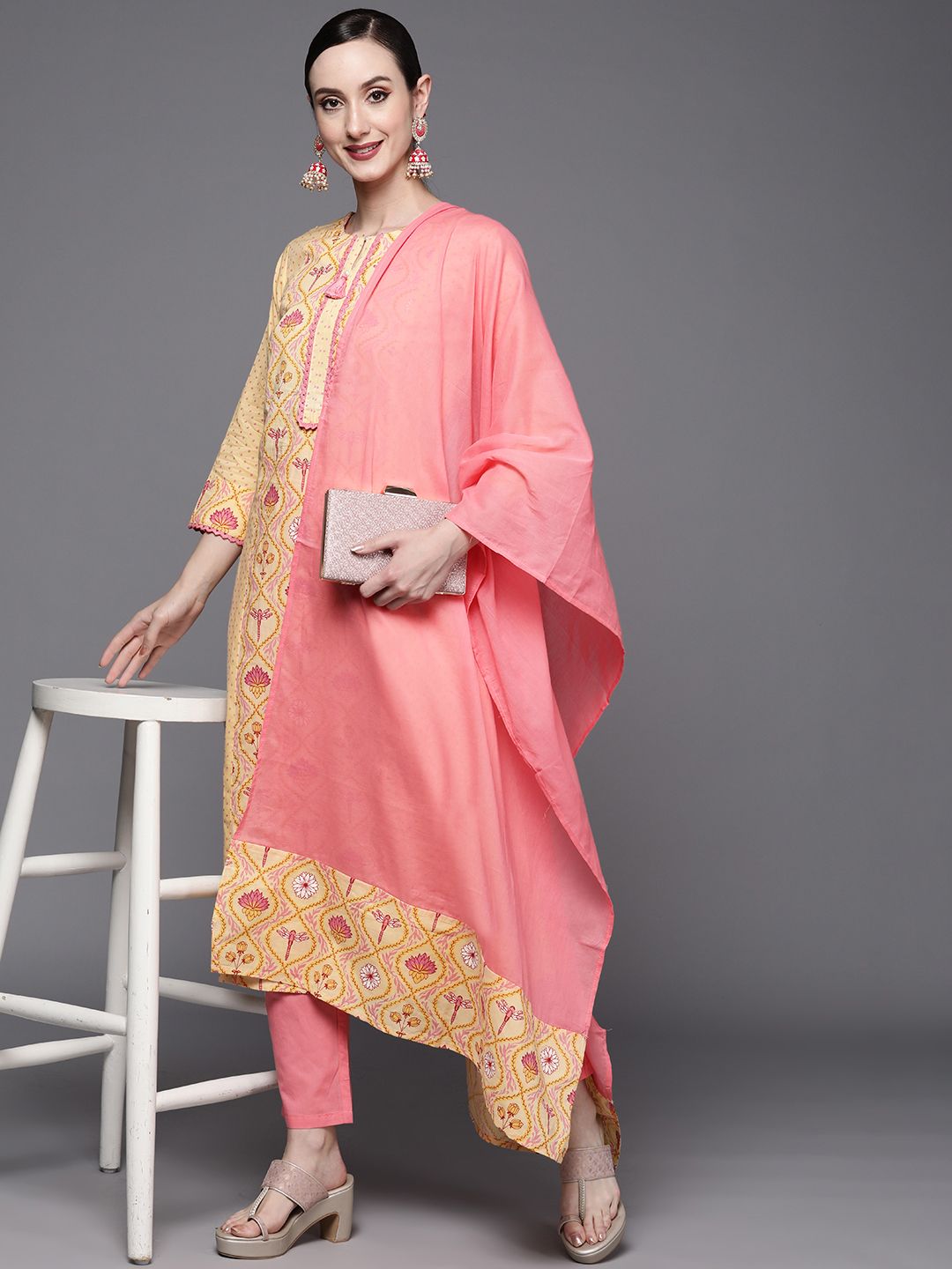 Dhiyona IE Women Yellow Ethnic Motifs Printed Kurta with Trousers & With Dupatta