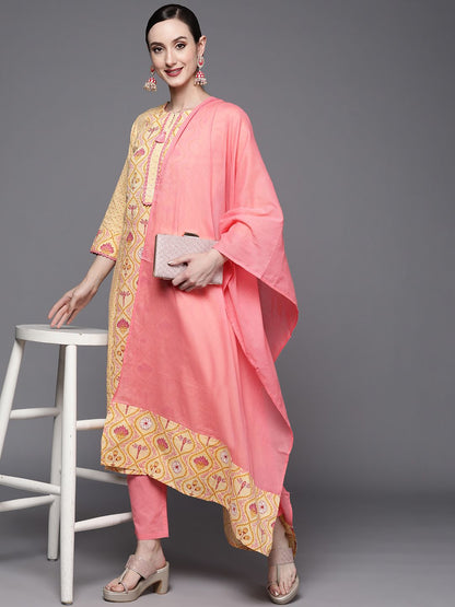 Dhiyona IE Women Yellow Ethnic Motifs Printed Kurta with Trousers & With Dupatta