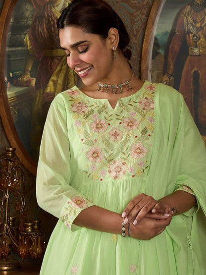 Indyancart IE Floral Embroidered Empire Thread Work Pure Cotton Kurta With Trousers & Dupatta