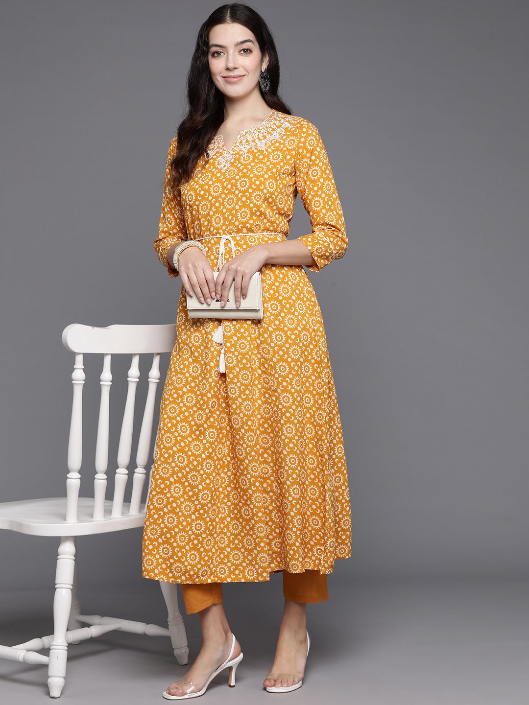 Indyancart IE Women Ethnic Motifs Printed Thread Work A-Line Kurta