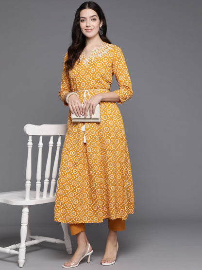 Indyancart IE Women Ethnic Motifs Printed Thread Work A-Line Kurta