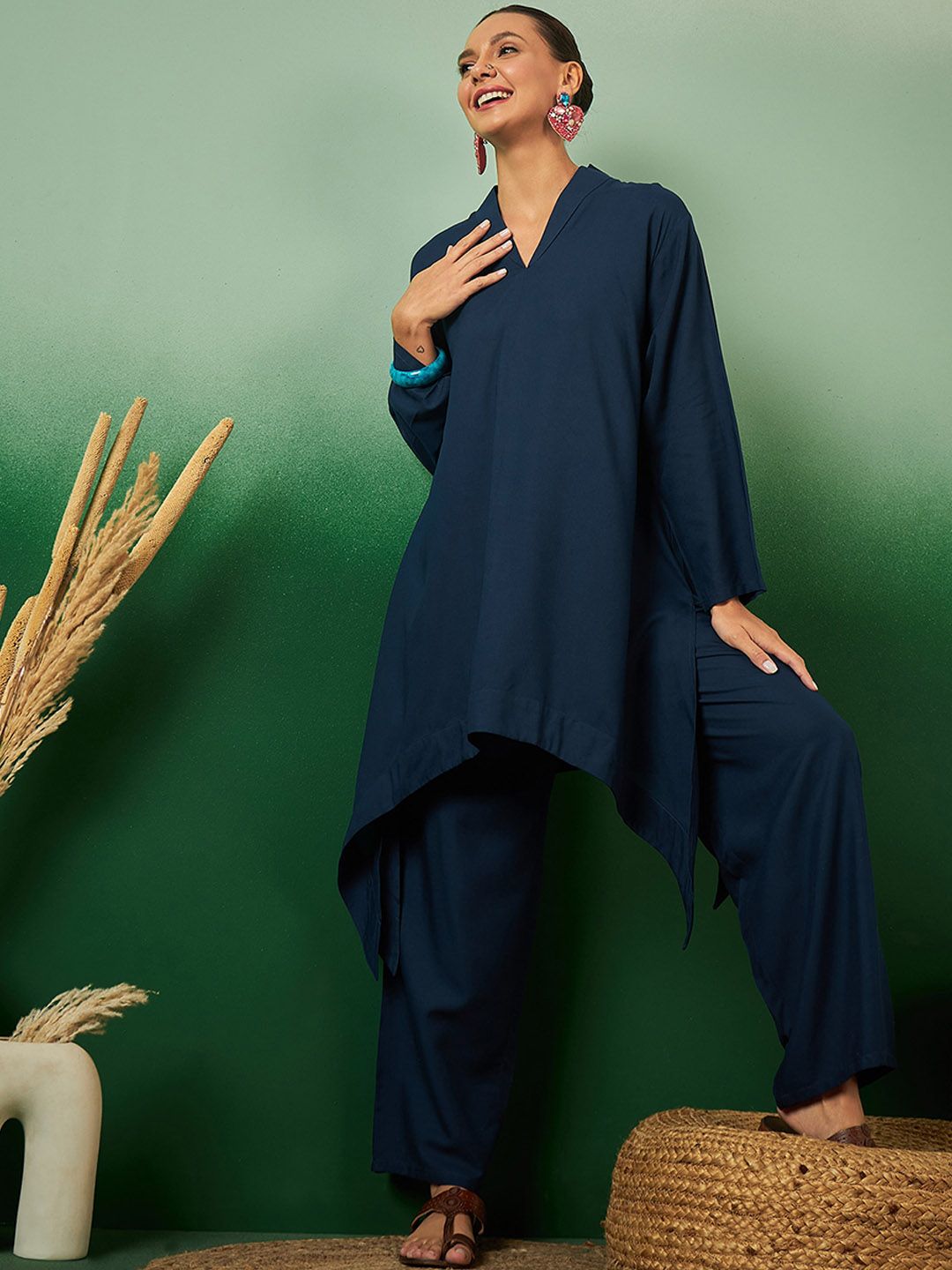 Indyancart SN Women's A Line Asymmetric Kurta With Trouser