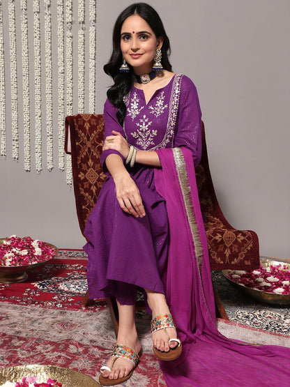 Indyancart VA Women'sFloral Yoke Design Gotta Patti Pure Cotton Kurta & Trousers With Dupatta
