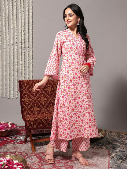 Dhiyona VA Women'sJaipuri Floral Cotton Flared Sleeve Lace Detailed Kurta with Trouser & Dupatta