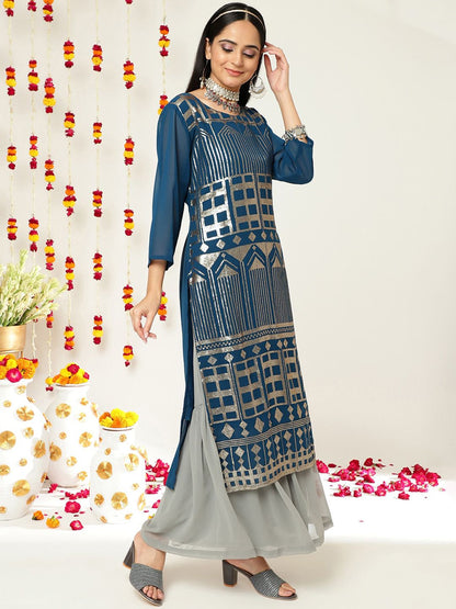 Indyancart VA Women'sEthnic motifs Embroidered Sequinned Straight Kurta & Sharara With Dupatta