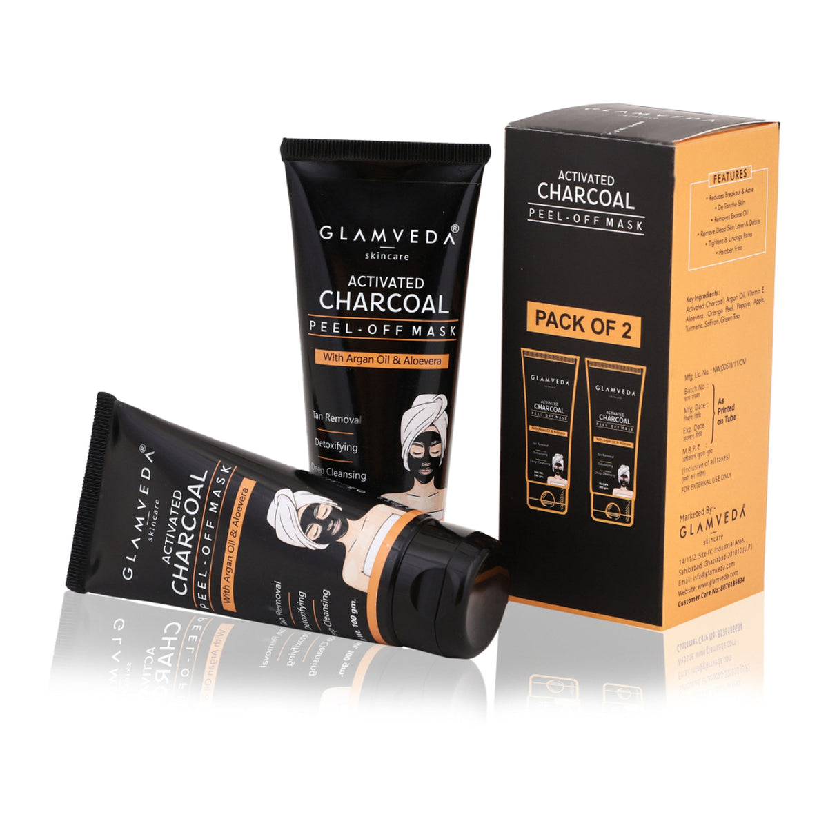 Glamveda activated charcoal peel-off mask pack of 2, with black mask spread on skin, for deep cleansing and pore purification.
