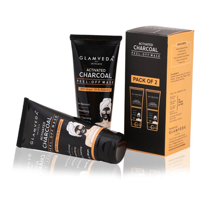 Glamveda activated charcoal peel-off mask pack of 2, with black mask spread on skin, for deep cleansing and pore purification.