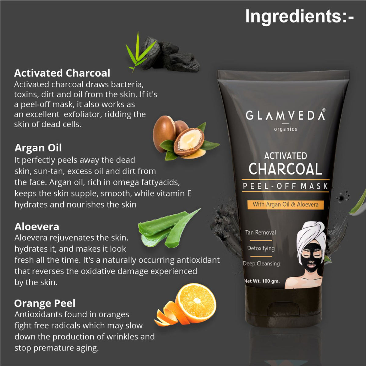 Glamveda Activated Charcoal Peel-Off Mask pack of 2, black mask in a jar with a spatula for deep skin cleansing and detoxification.