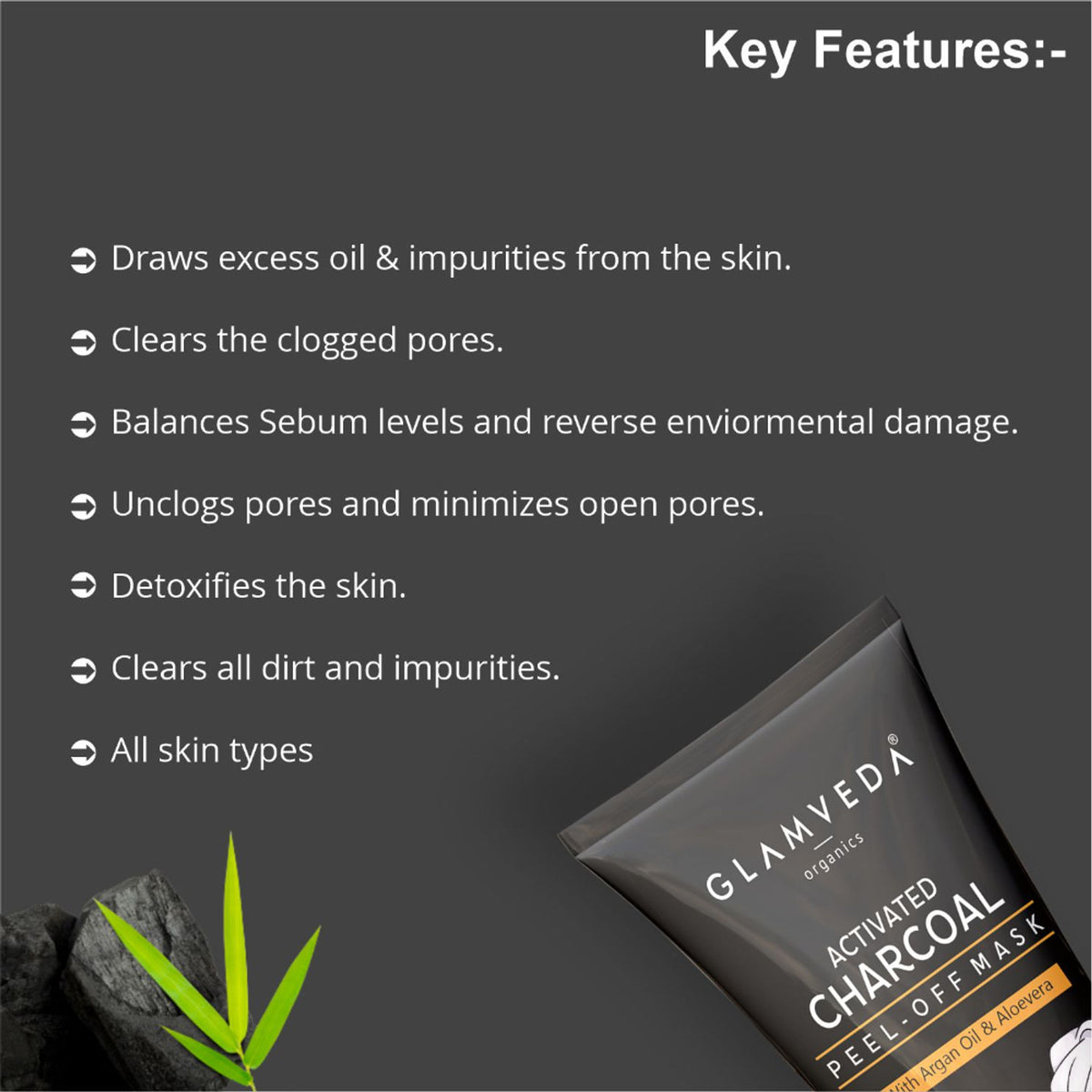 Glamveda Activated Charcoal Peel-Off Mask pack of 2, black mask applied on skin for deep cleansing and pore purification.