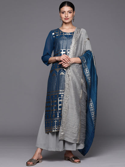 Indyancart VA Women's Grey Embroidered Sequinned Silk Georgette Kurta with Sharara & With Dupatta