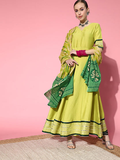 Indyancart IE Women Stylish Green Liva Swirling Volume Kurta