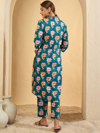 Women Floral Printed Regular Pure Cotton Kurta with Trousers