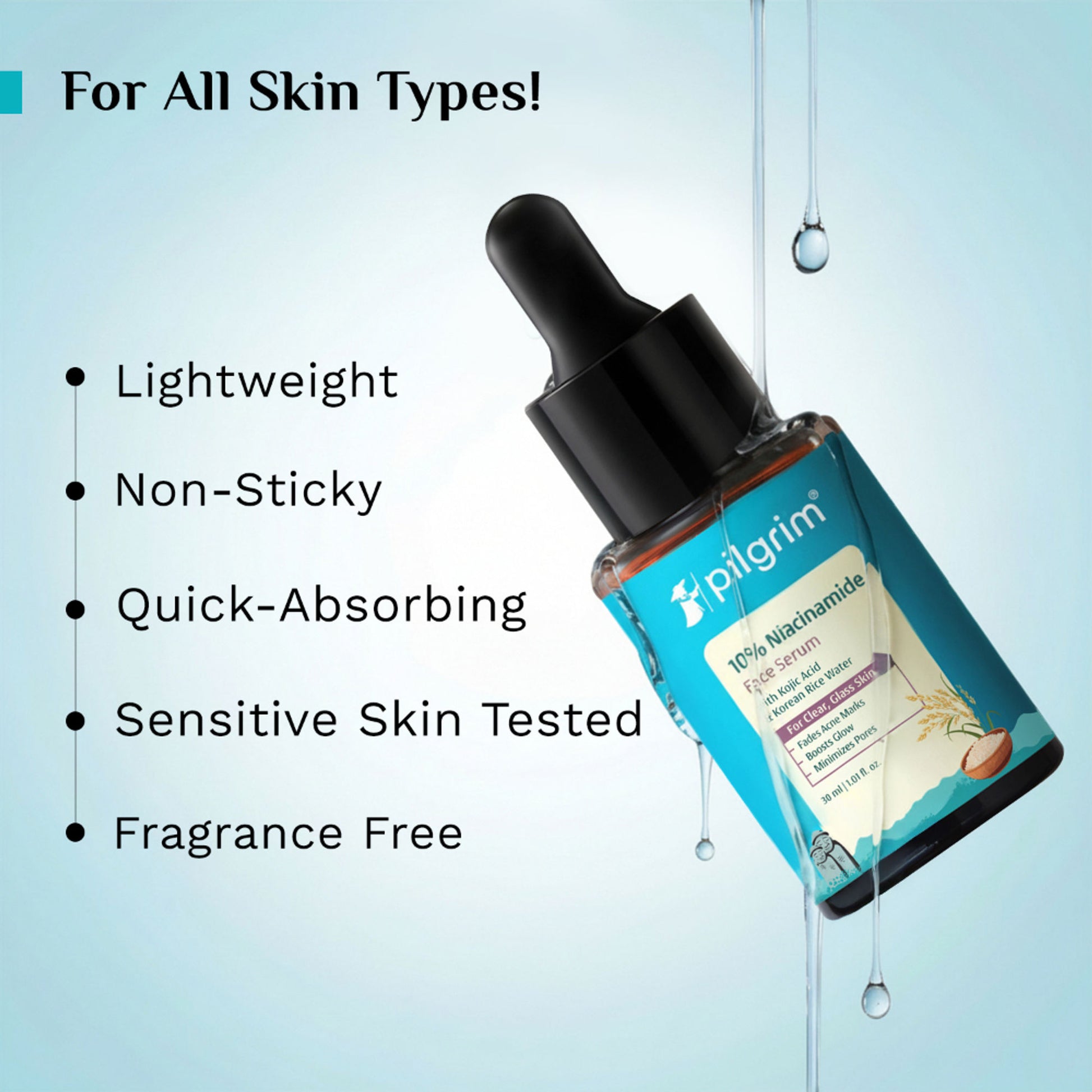Pilgrim 10% Niacinamide with Kojic Acid & Korean Rice Water Face Serum For Clear Glass Skin Glow