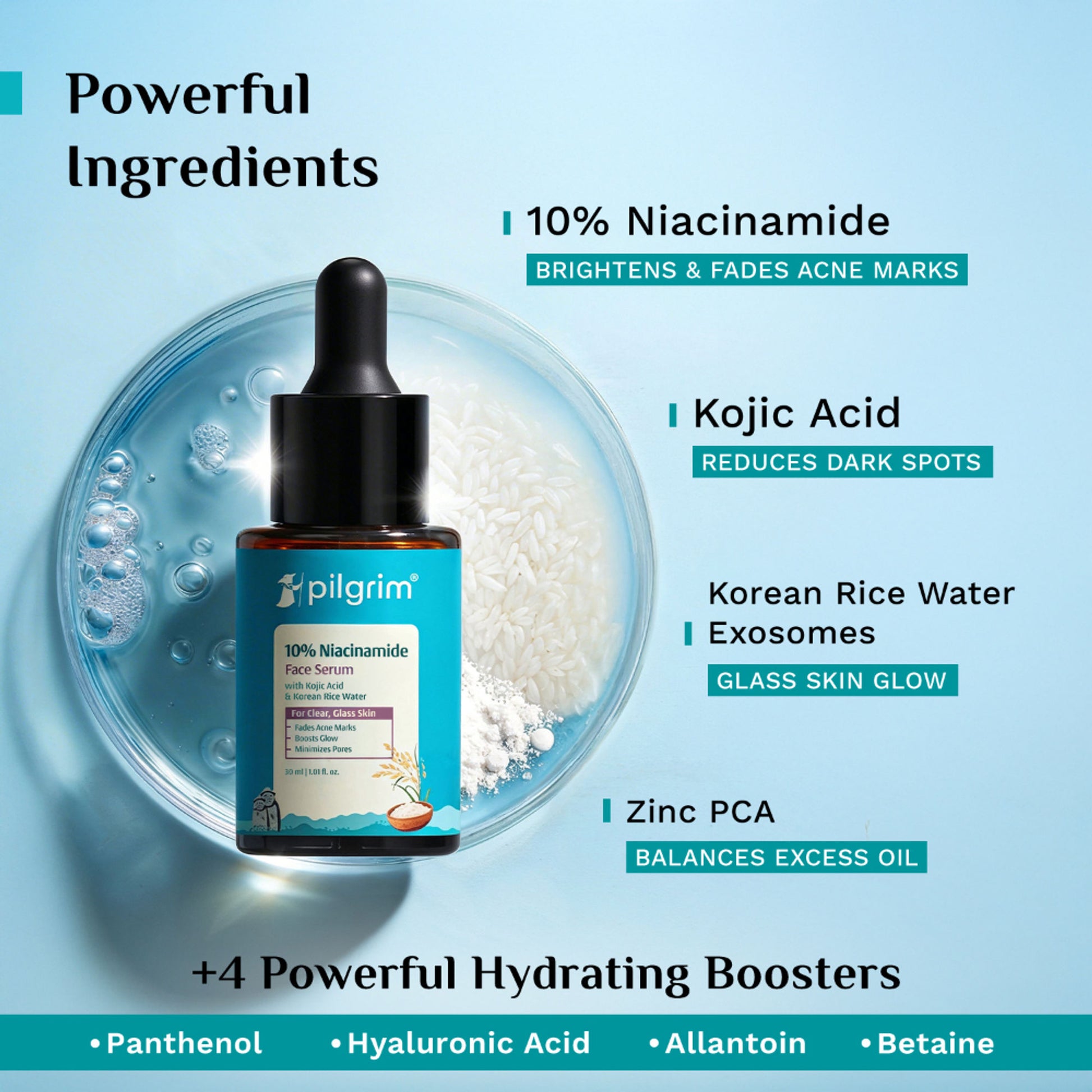 Pilgrim 10% Niacinamide with Kojic Acid & Korean Rice Water Face Serum For Clear Glass Skin Glow