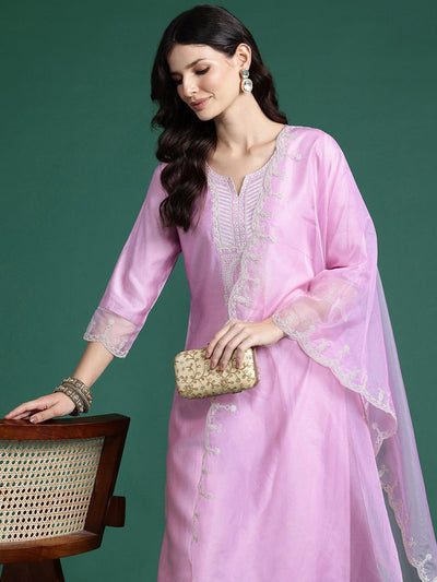Indyancart IE Ethnic Motifs Embroidered Thread Work Liva Kurta with Trousers & With Dupatta