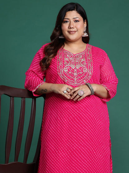 Indyancart IE Plus Size Ethnic Motifs Embroidered Sequinned Georgette Kurta