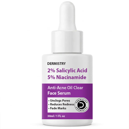DERMISTRY face serum with 2% salicylic acid and 5% niacinamide for oily, acne-prone skin, open pores, and spot scars.