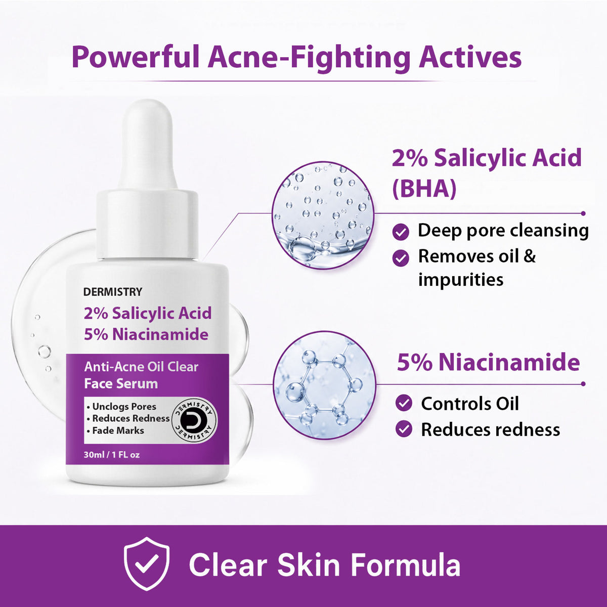 DERMISTRY face serum with 2% salicylic acid and 5% niacinamide for oily, acne-prone skin, open pores, and scar treatment.