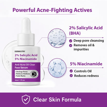 DERMISTRY face serum with 2% salicylic acid and 5% niacinamide for oily, acne-prone skin, open pores, and scar treatment.