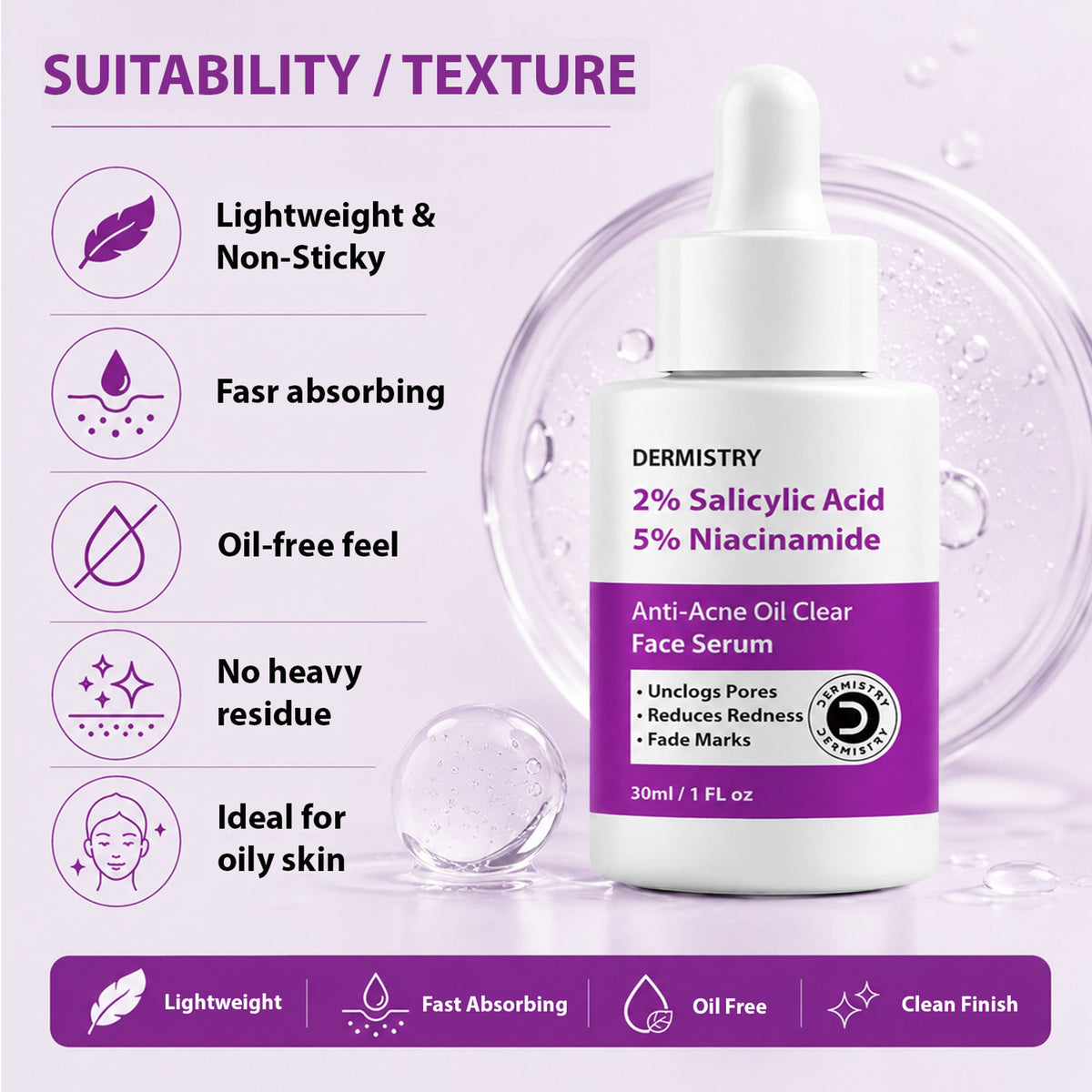 DERMISTRY face serum with 2% salicylic acid and 5% niacinamide for oily, acne-prone skin, open pores, and spot scars.