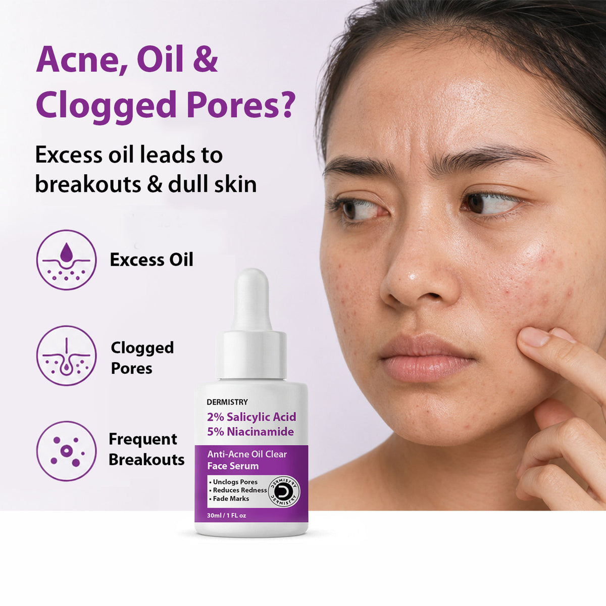DERMISTRY face serum with 2% salicylic acid and 5% niacinamide for oily, acne-prone skin, open pores, and spot scars.