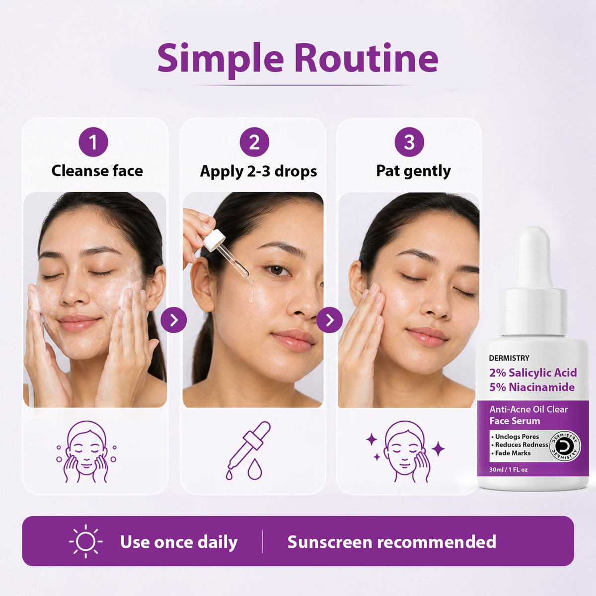 DERMISTRY face serum with 2% salicylic acid and 5% niacinamide for oily, acne-prone skin, open pores, and spot scars.