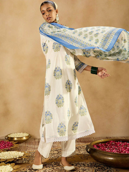 Indyancart IE Floral Printed Regular Sequinned Pure Cotton Kurta with Trousers & Dupatta