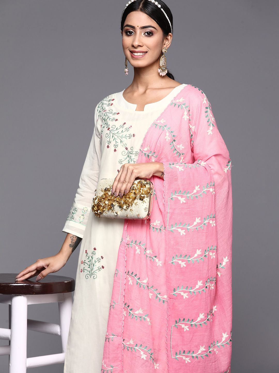 Women White & Pink Floral Embroidered Straight Kurta Trousers Dupatta