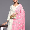 Indyancart IE Women White & Pink Floral Embroidered Straight Kurta Trousers Dupatta