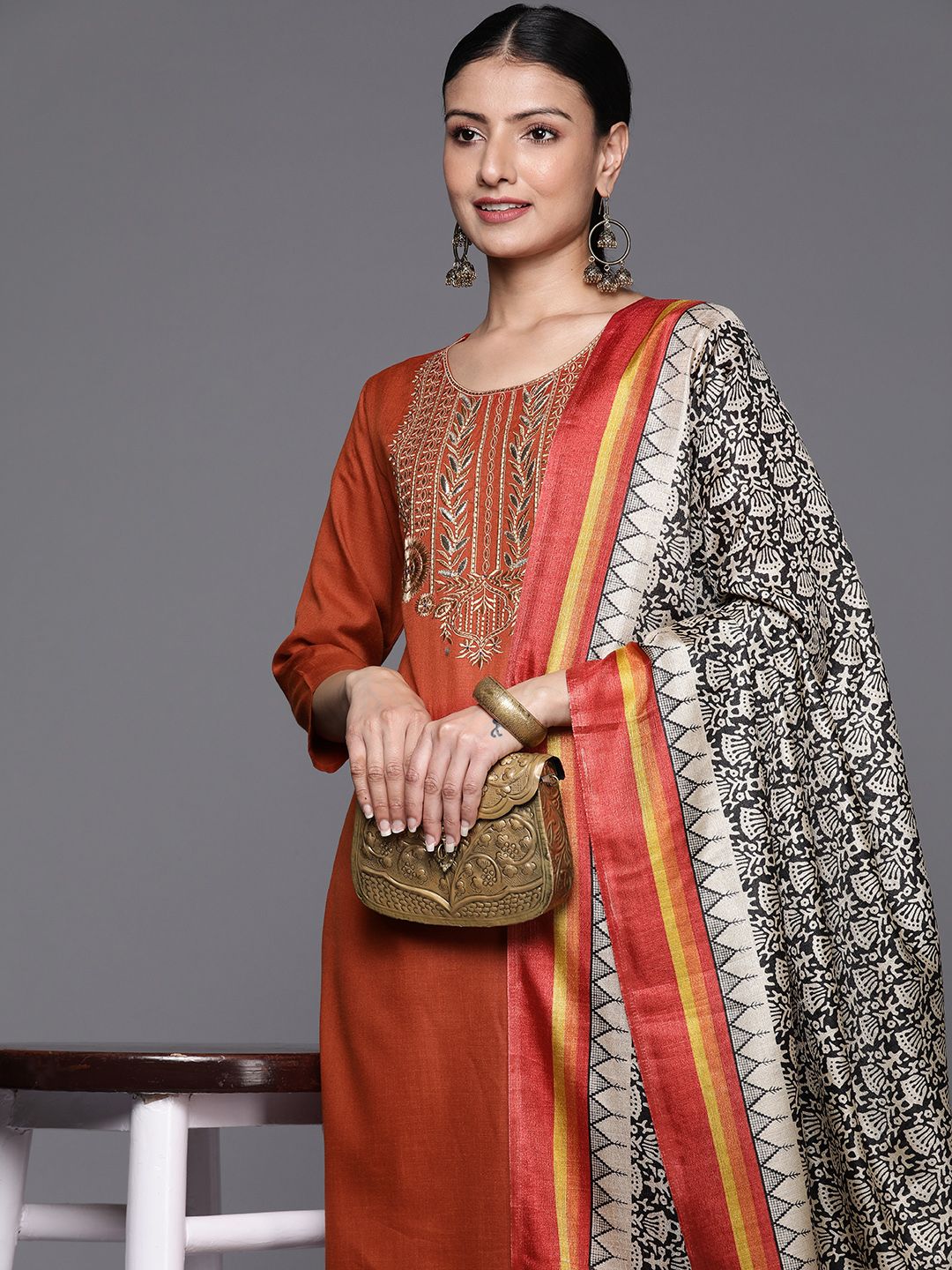 Indyancart VA Women's Floral Embroidered Gotta Patti Kurta with Trousers & With Dupatta