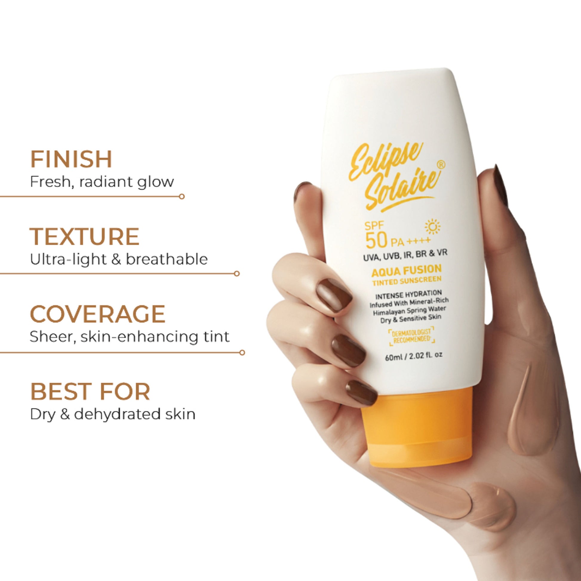 Eclipse Solaire Aqua Fusion Tinted Sunscreen 5X Protection Non-Greasy, All Skin Types SPF 50 Pa++++