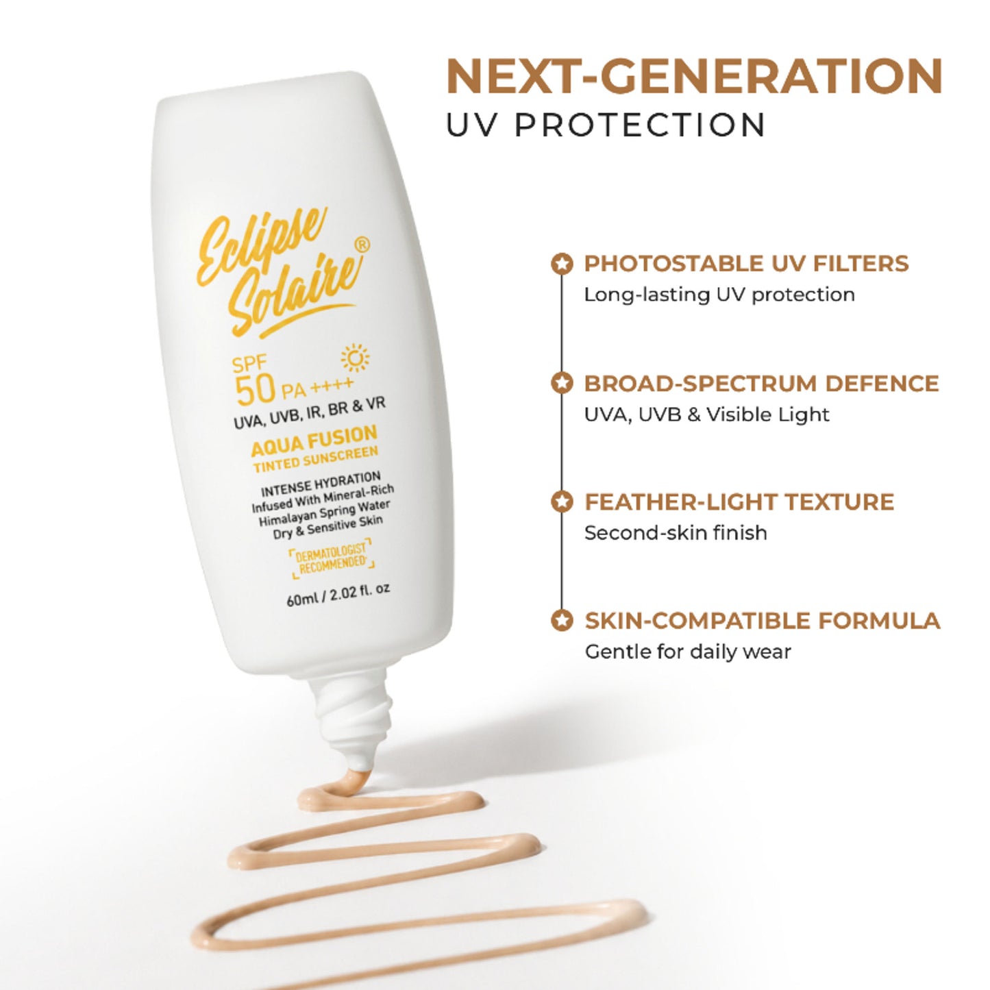 Eclipse Solaire Aqua Fusion Tinted Sunscreen 5X Protection Non-Greasy, All Skin Types SPF 50 Pa++++