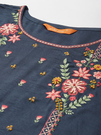Dhiyona IE Women Blue Floral Embroidered Regular Kurta with Trousers & With Dupatta