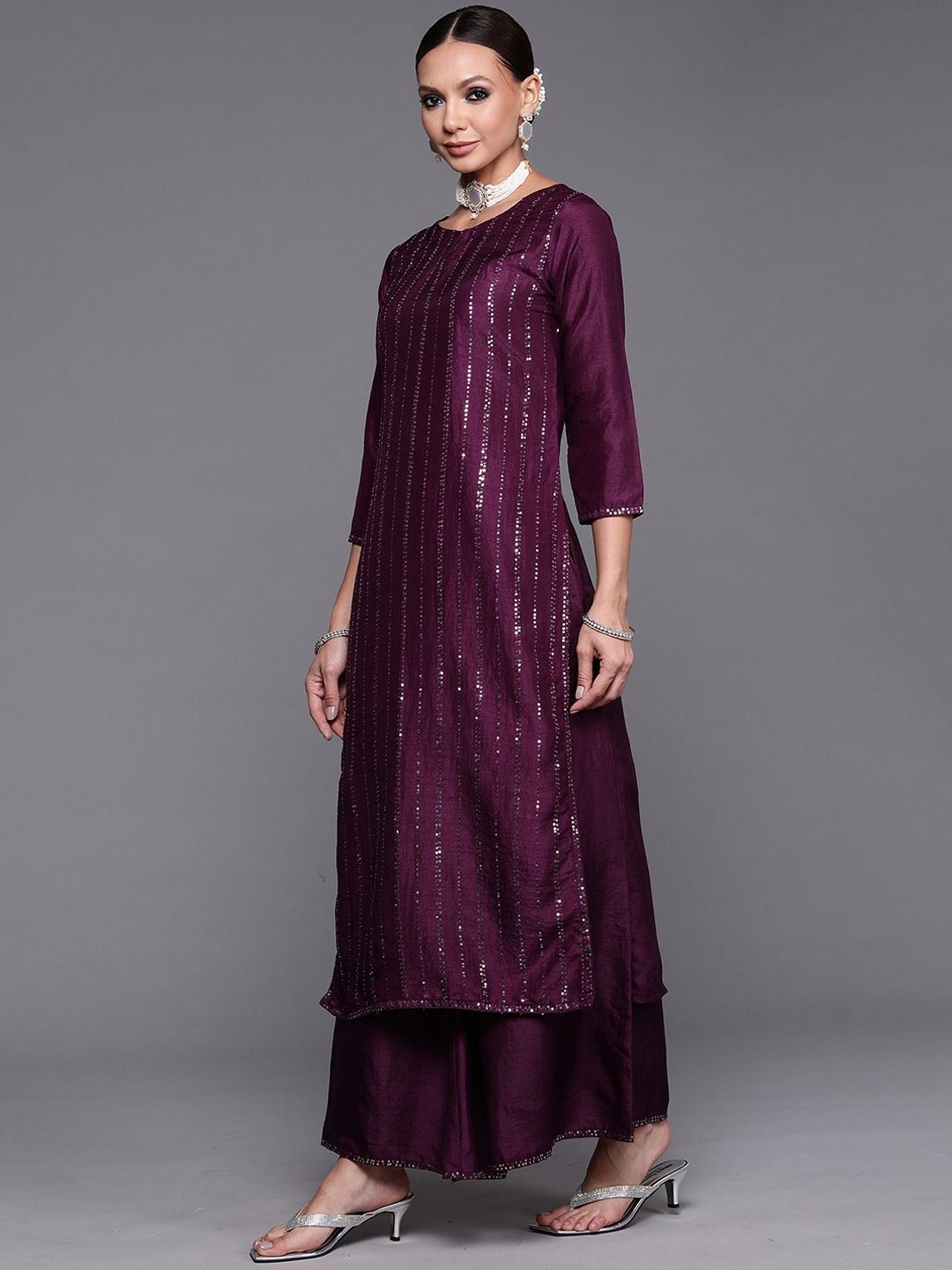 Indyancart IE Purple Embellished Keyhole Neck Kurta with Palazzos & Dupatta