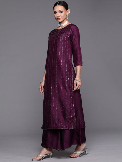 Indyancart IE Purple Embellished Keyhole Neck Kurta with Palazzos & Dupatta