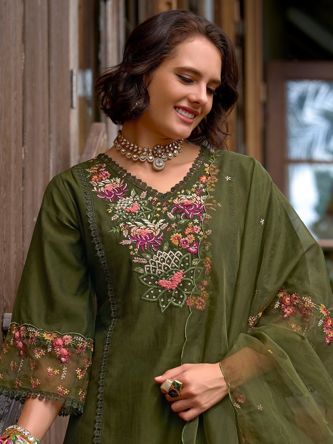 Floral Embroidered V Neck Panelled A Line Kurta With Trousers & Dupatta