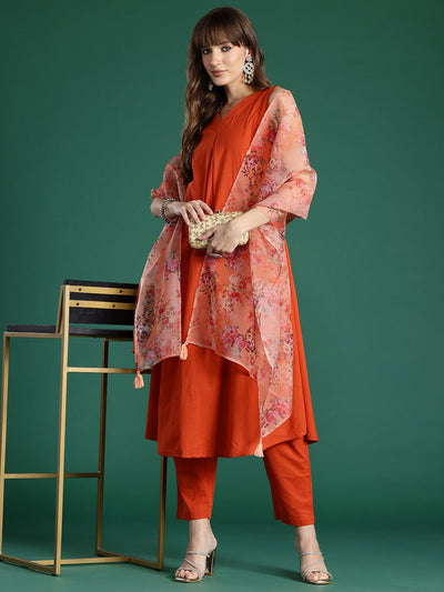 Indyancart IE Women Floral Pleated Pure Cotton Kurta with Trousers & With Dupatta