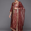 Indyancart IE Women Maroon Printed Liva Kurta with Trousers & With Dupatta