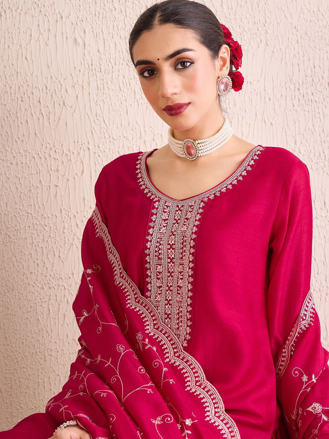 Women Ethnic Motifs Yoke Design Regular Sequinned Kurta with Trousers & With Dupatta