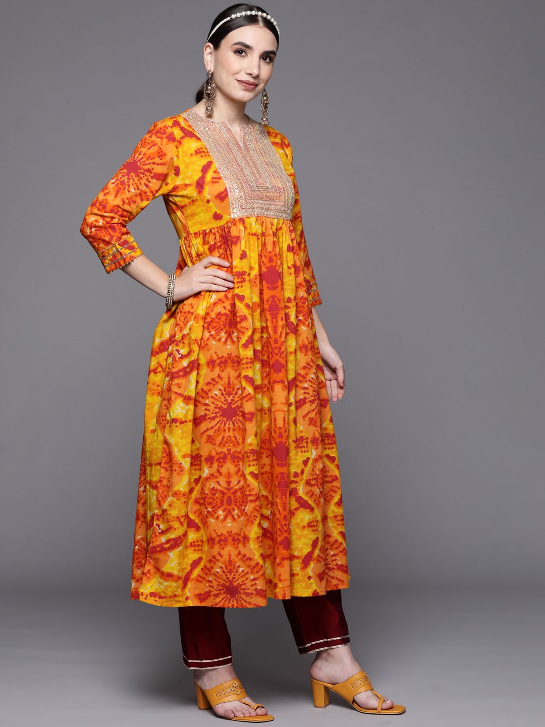 Indyancart IE Women Yellow Bandhani Tie & Dye Kurta with Trousers & Dupatta