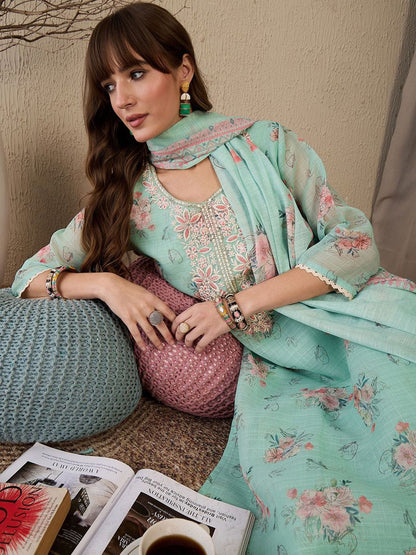Women Floral Embroidered Regular Sequinned Linen Kurta with Trousers & With Dupatta