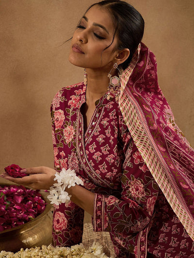 Dhiyona IE Floral Printed Angrakha Pure Cotton A-Line Kurta With Trouser & Dupatta