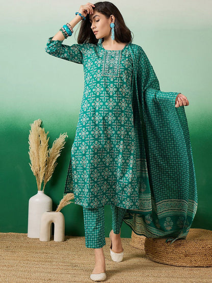 Dhiyona SN Women's Printed Pure Cotton Straight Kurta With Trousers & Dupatta