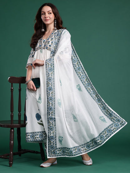 Dhiyona IE Women Floral Printed Empire Pure Cotton Kurta with Trousers & Dupatta