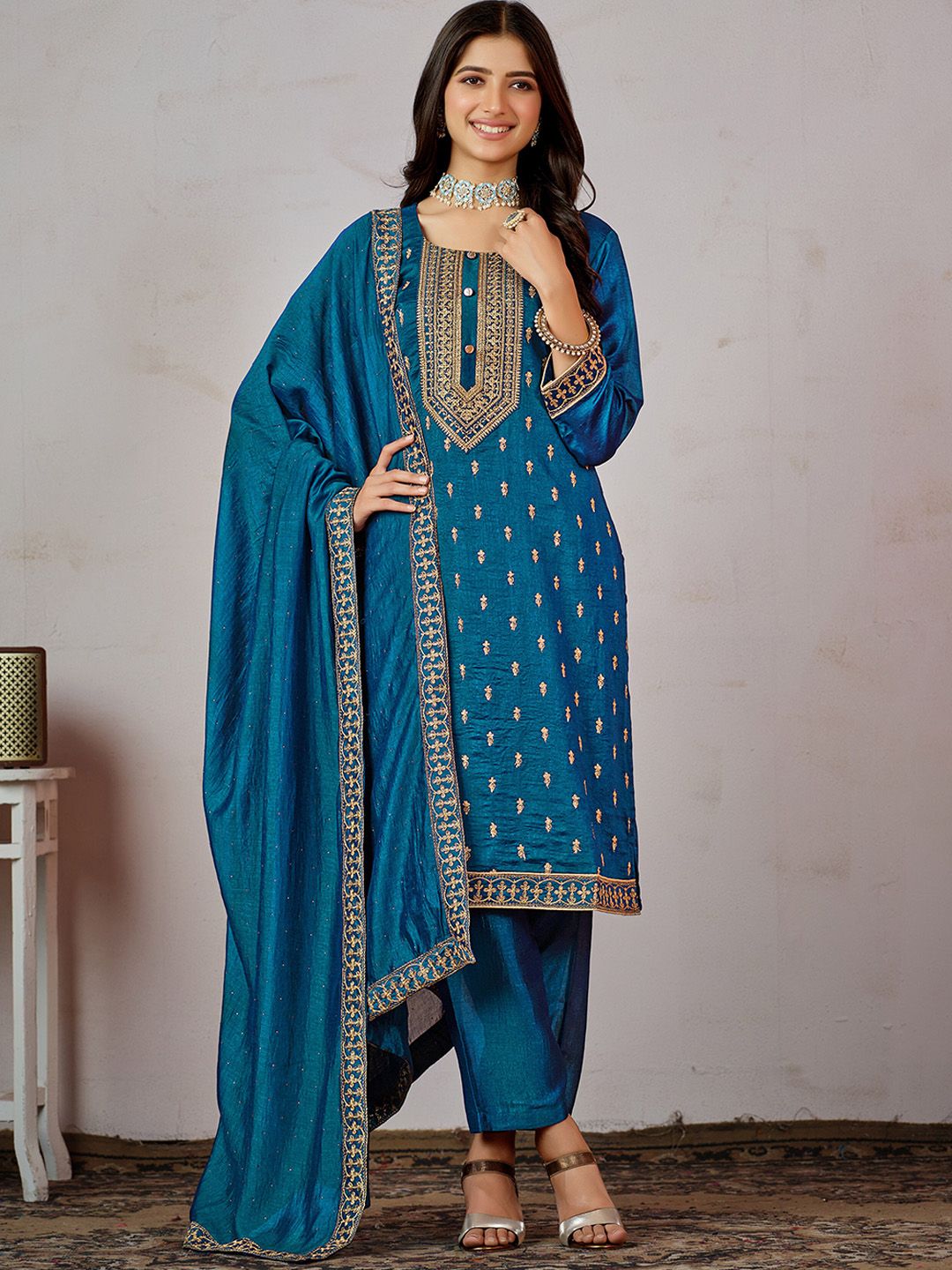 Indyancart SN Women's Blue Ethnic Motifs Embroidered Kurta with Churidar & Dupatta
