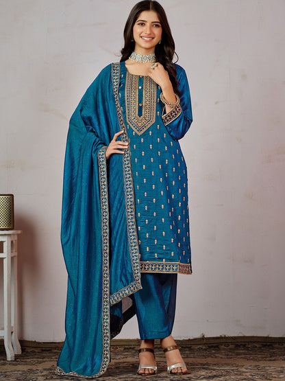 Indyancart SN Women's Blue Ethnic Motifs Embroidered Kurta with Churidar & Dupatta